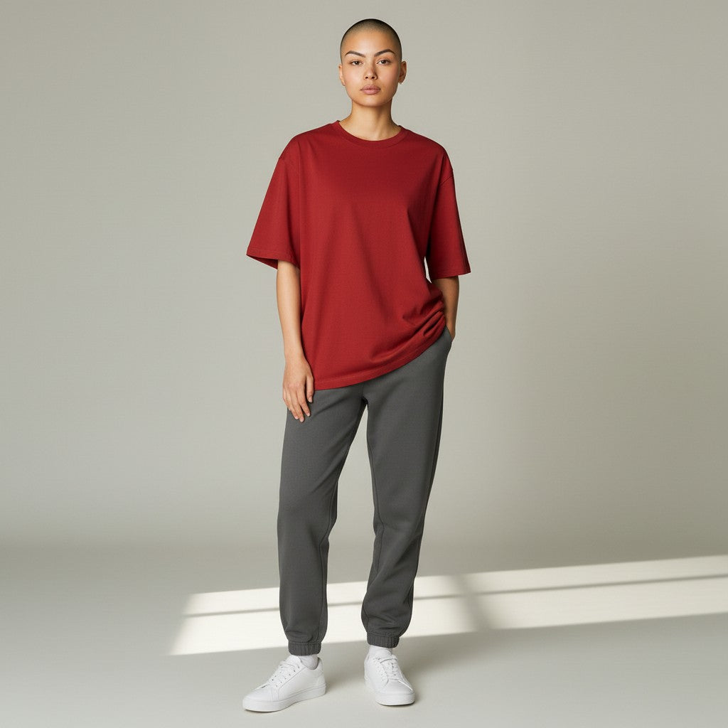 Person wearing a red t-shirt and gray pants standing against a plain background