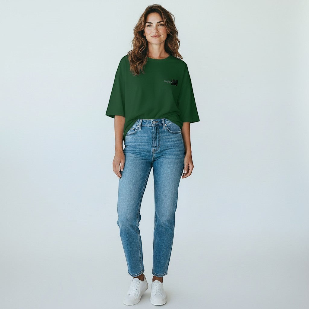 LowKeyLoud forest green oversized terry knit t-shirt with drop shoulders and subtle chest logo. Unisex fit.