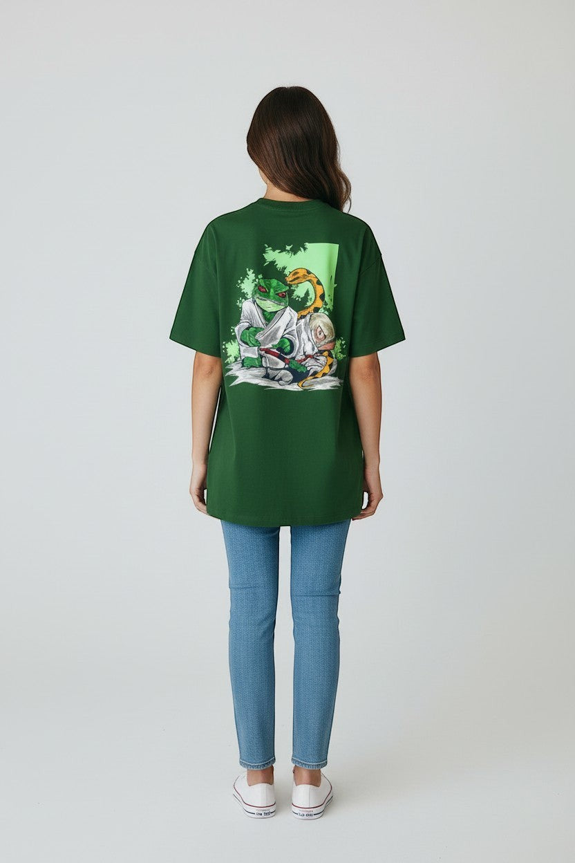 LowKeyLoud green oversized terry tee with a graphic of a frog and snake in martial arts attire on the back.