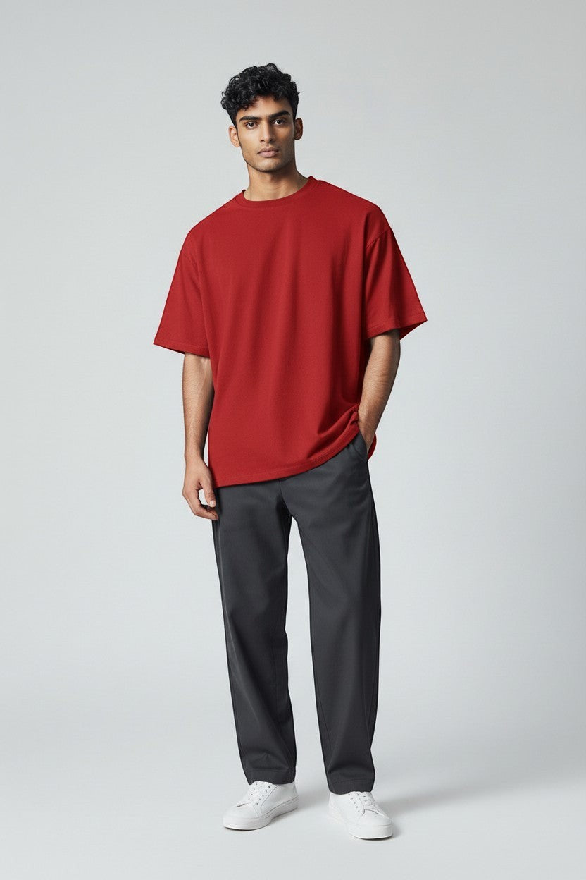 LowKeyLoud unisex oversized t-shirt in deep red cotton with a crew neck and short sleeves. Features a back print.