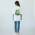 LowKeyLoud white oversized tee with a graphic of a frog and snake in martial arts uniforms on the back.